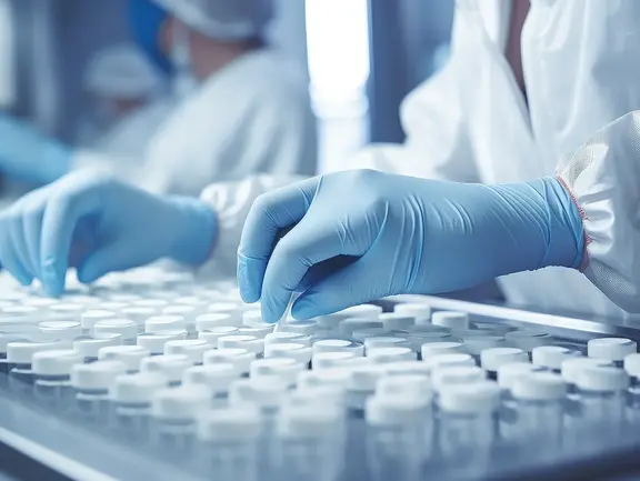Ein Wissenschaftler in Handschuhen und Laborkittel hantiert mit Fläschchen in einem Labor, im Hintergrund sind weitere Fläschchen und unscharfe Laboranten zu sehen.